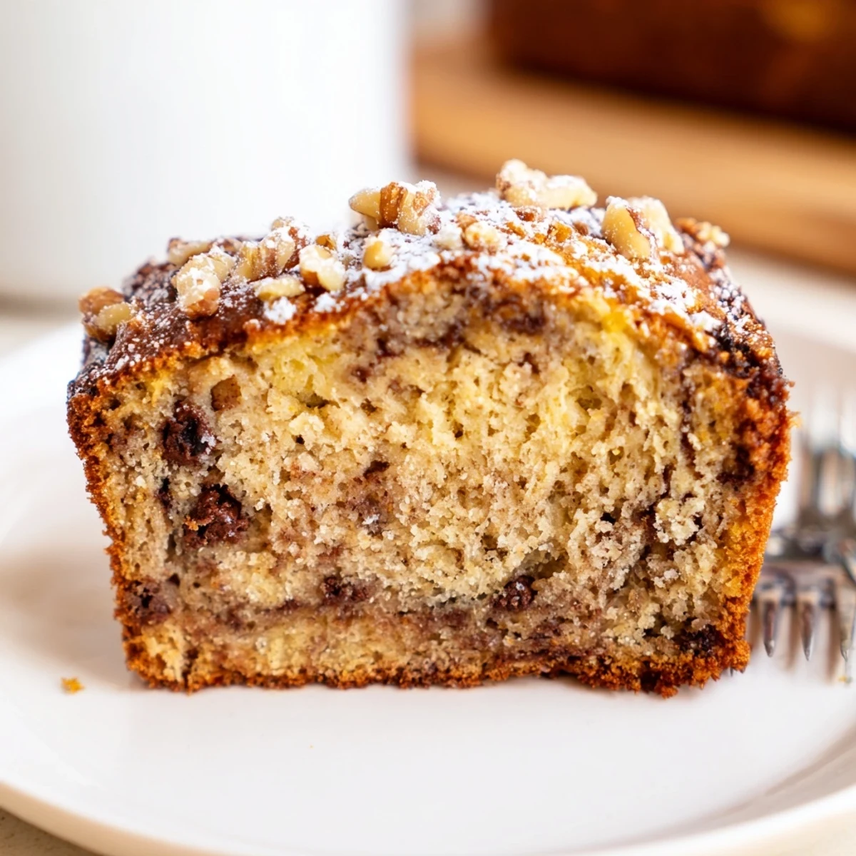 Sliced Banana Bread Cake Recipe served warm with melting butter and chopped nuts