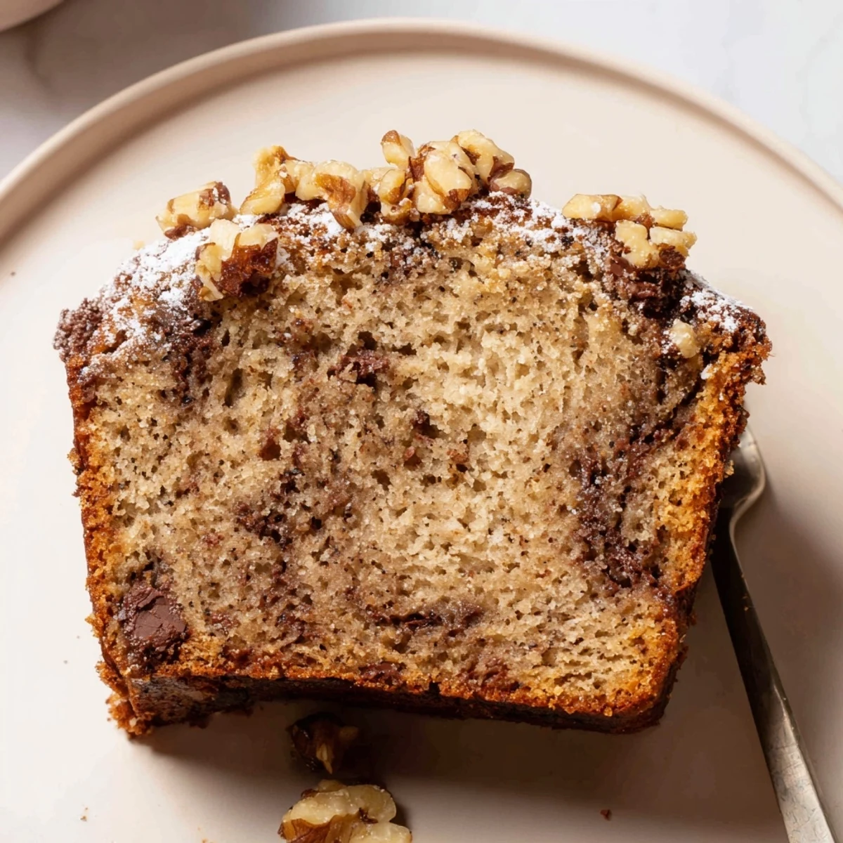 Banana Bread Cake Recipe: warm slice with golden crust, moist cinnamon-scented crumb