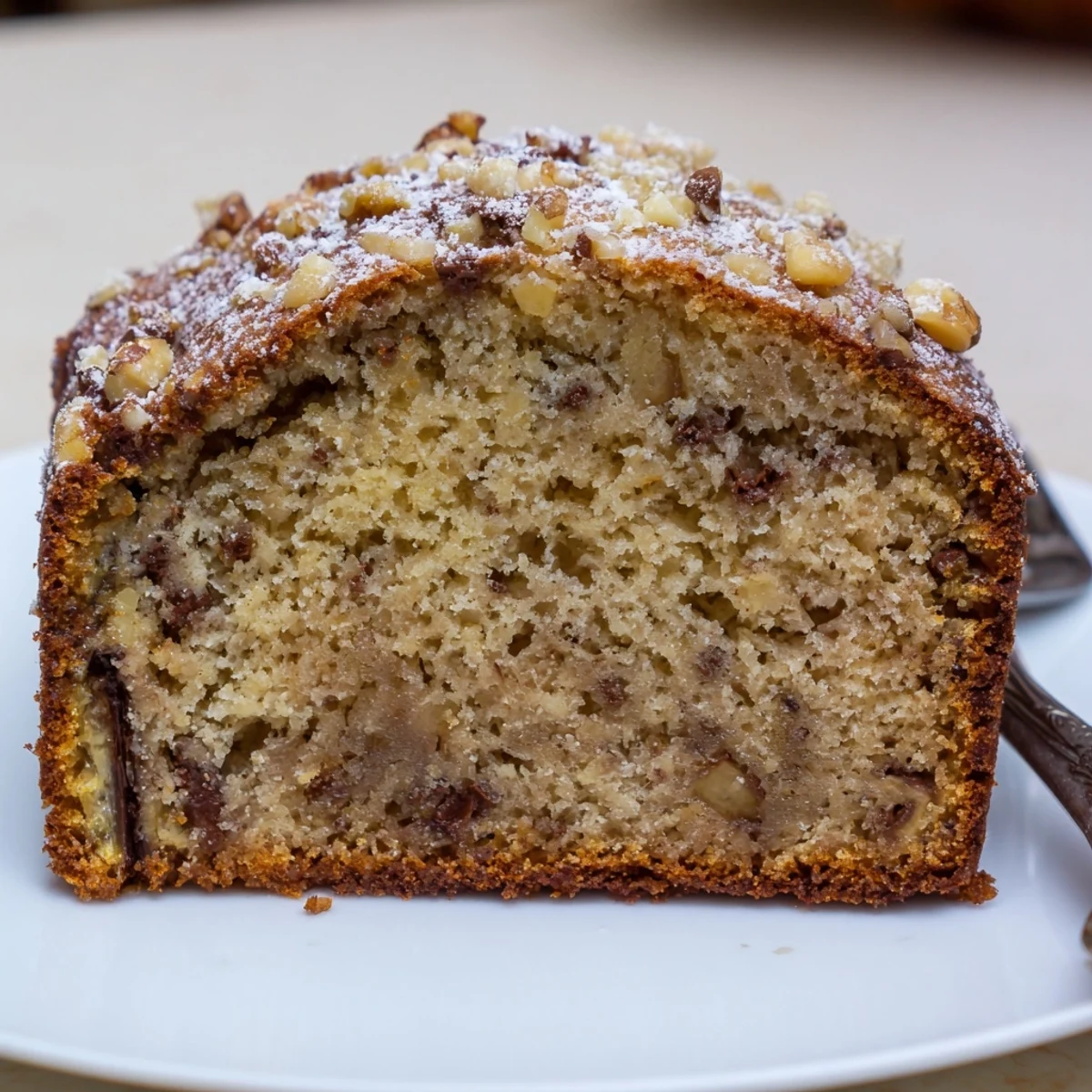 Moist Banana Bread Cake Recipe on cooling rack, dusted powdered sugar, ready to serve