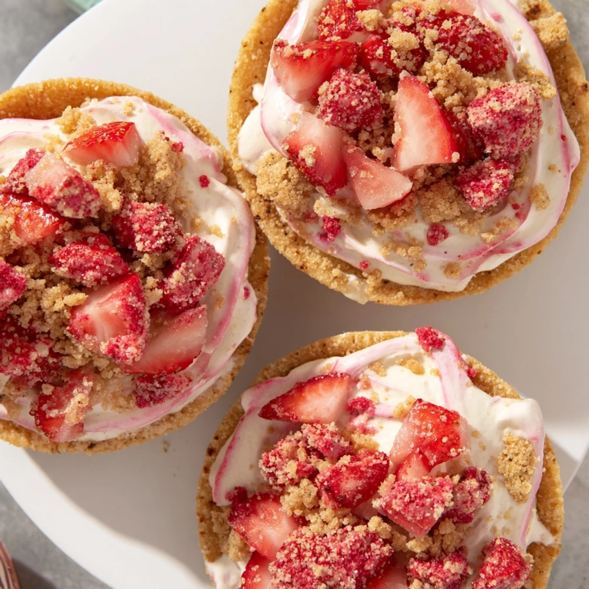 Strawberry Crunch Cheesecake Tacos with creamy filling and fresh diced strawberries