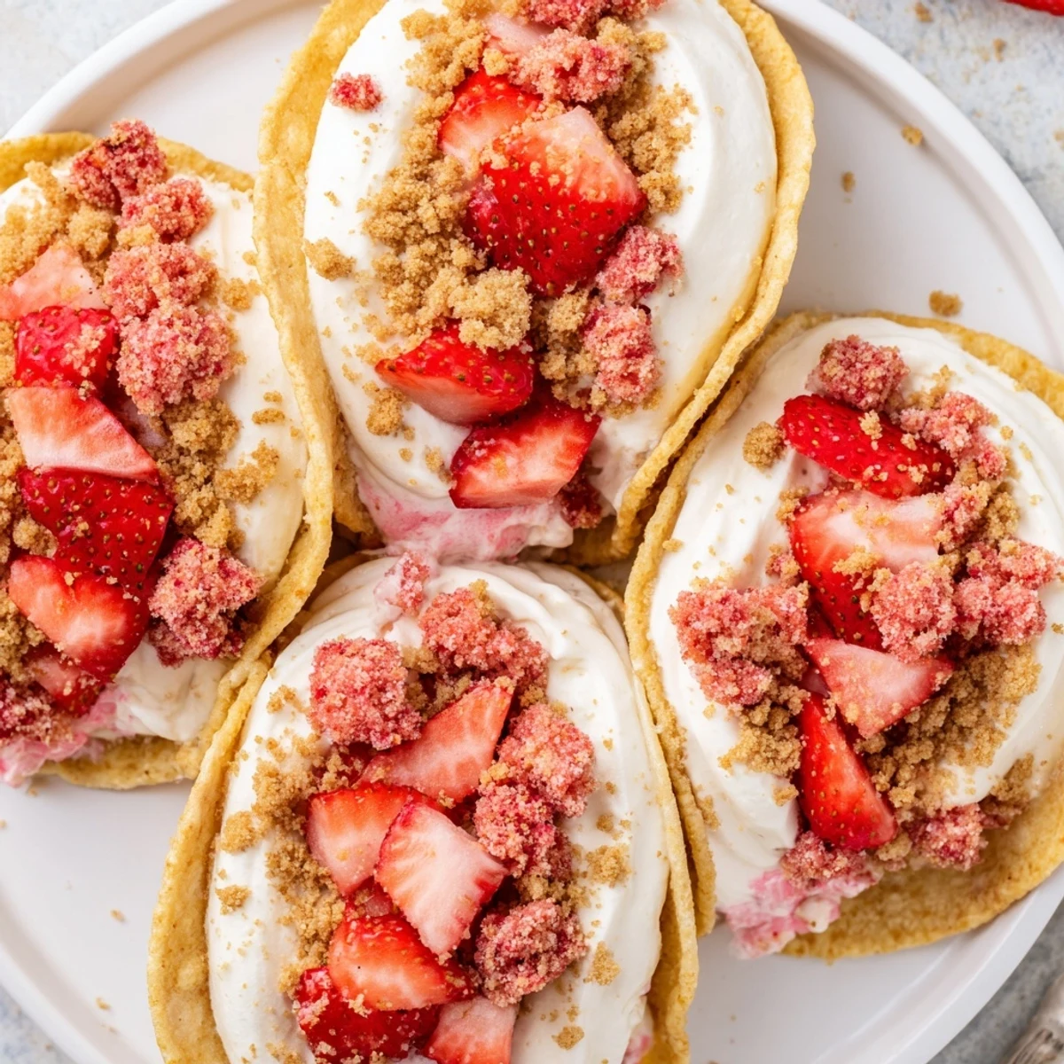 Chilled Strawberry Crunch Cheesecake Tacos piped with silky filling, crunchy rim