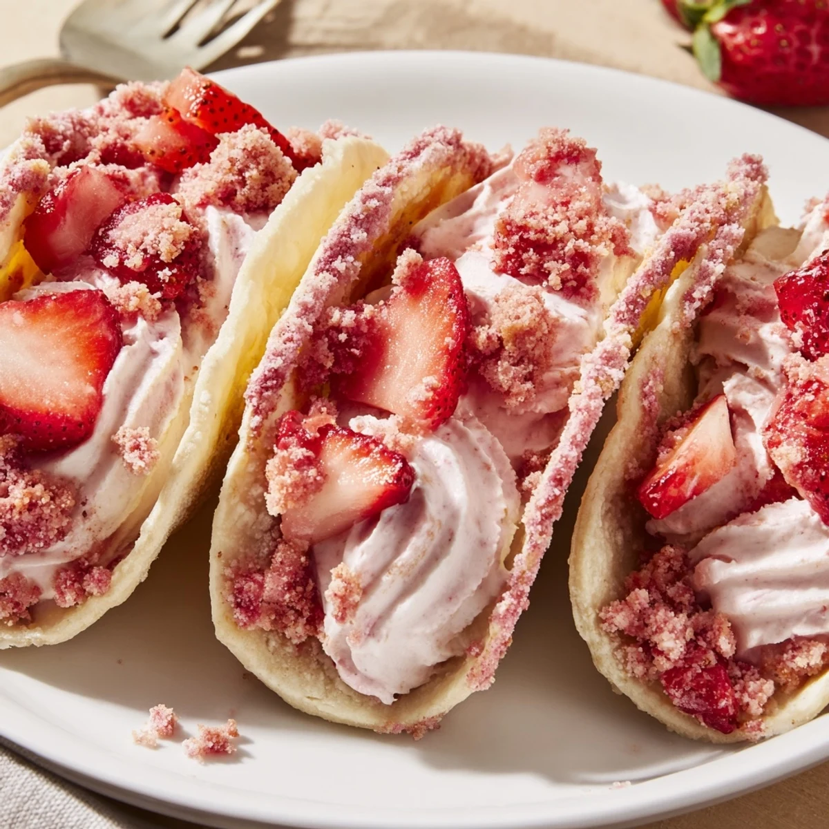 Party ready Strawberry Crunch Cheesecake Tacos on a platter, crispy golden shells