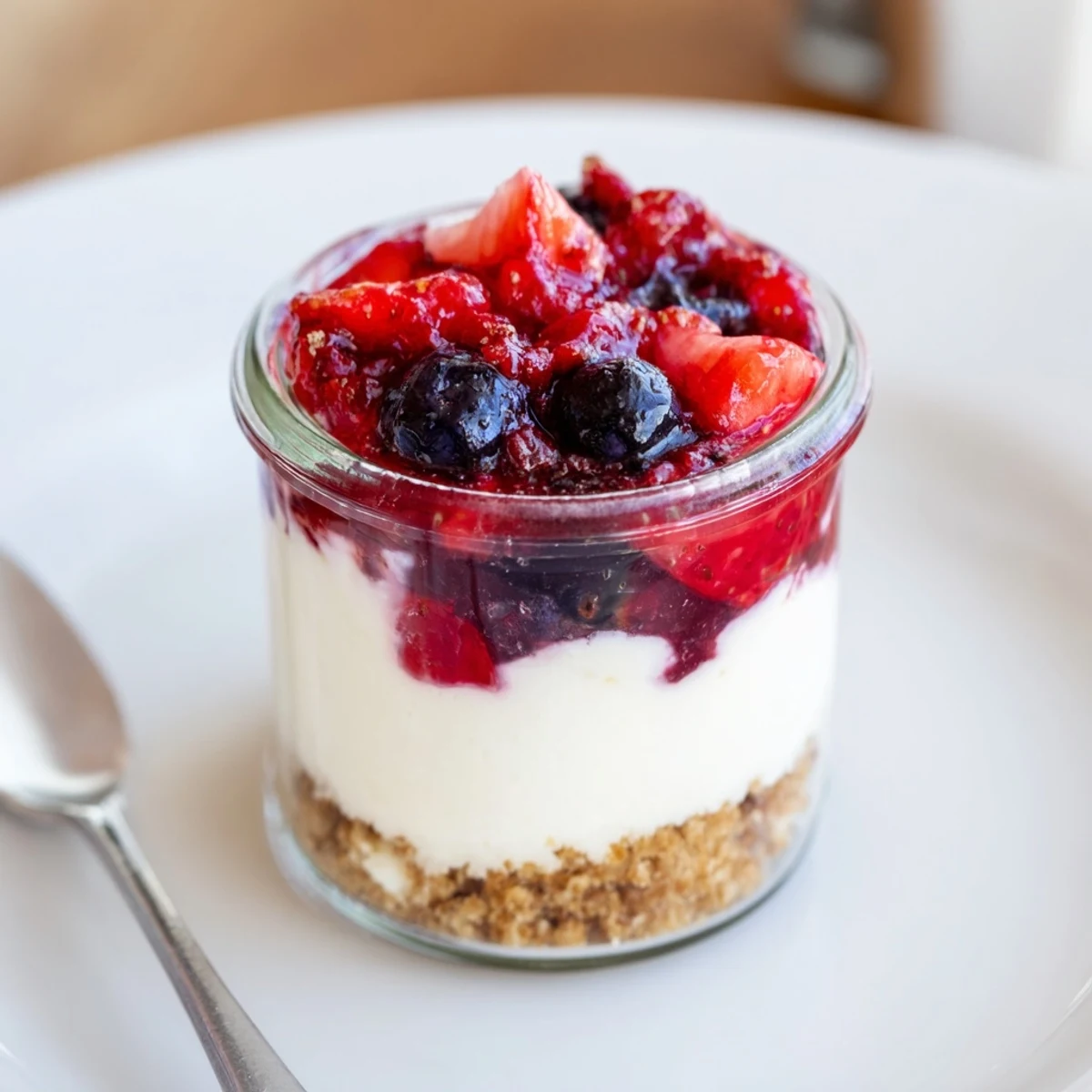 Berry No Bake Cheesecakes in glasses with creamy filling and glossy berry compote