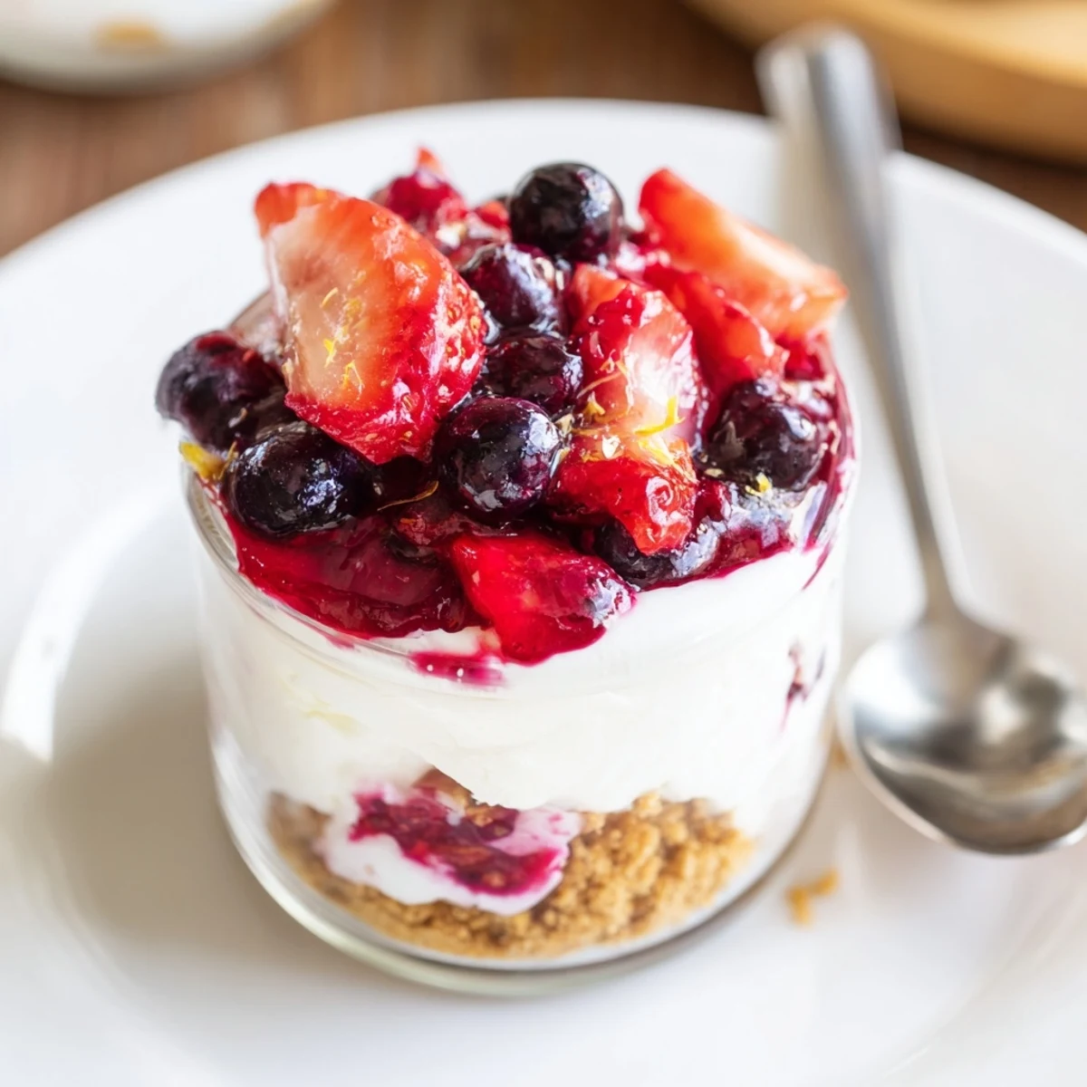 Chilled Berry No Bake Cheesecakes topped with juicy strawberries, blueberries, and crumbly base
