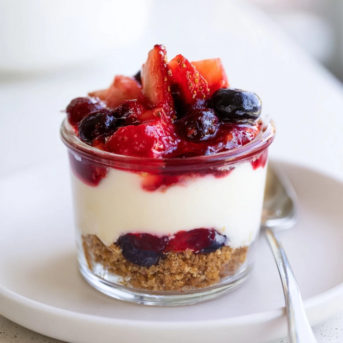 Individual Berry No Bake Cheesecakes served in ramekins, smooth filling, zesty lemon aroma