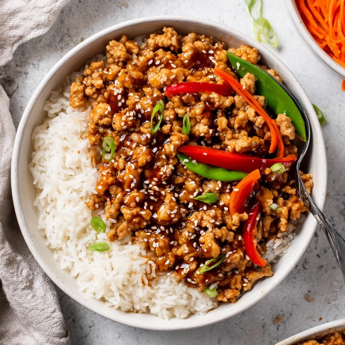 Teriyaki Turkey Rice Bowls with glossy sauce, steamed rice, crisp vegetables.
