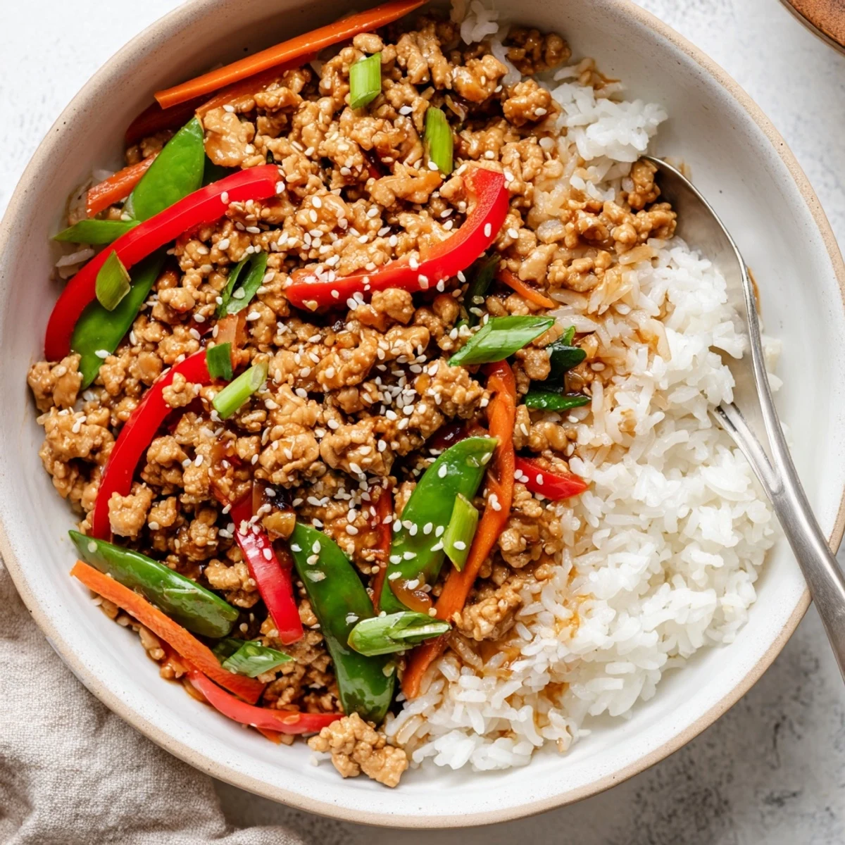 Hearty Teriyaki Turkey Rice Bowls topped with sesame seeds and green onions.