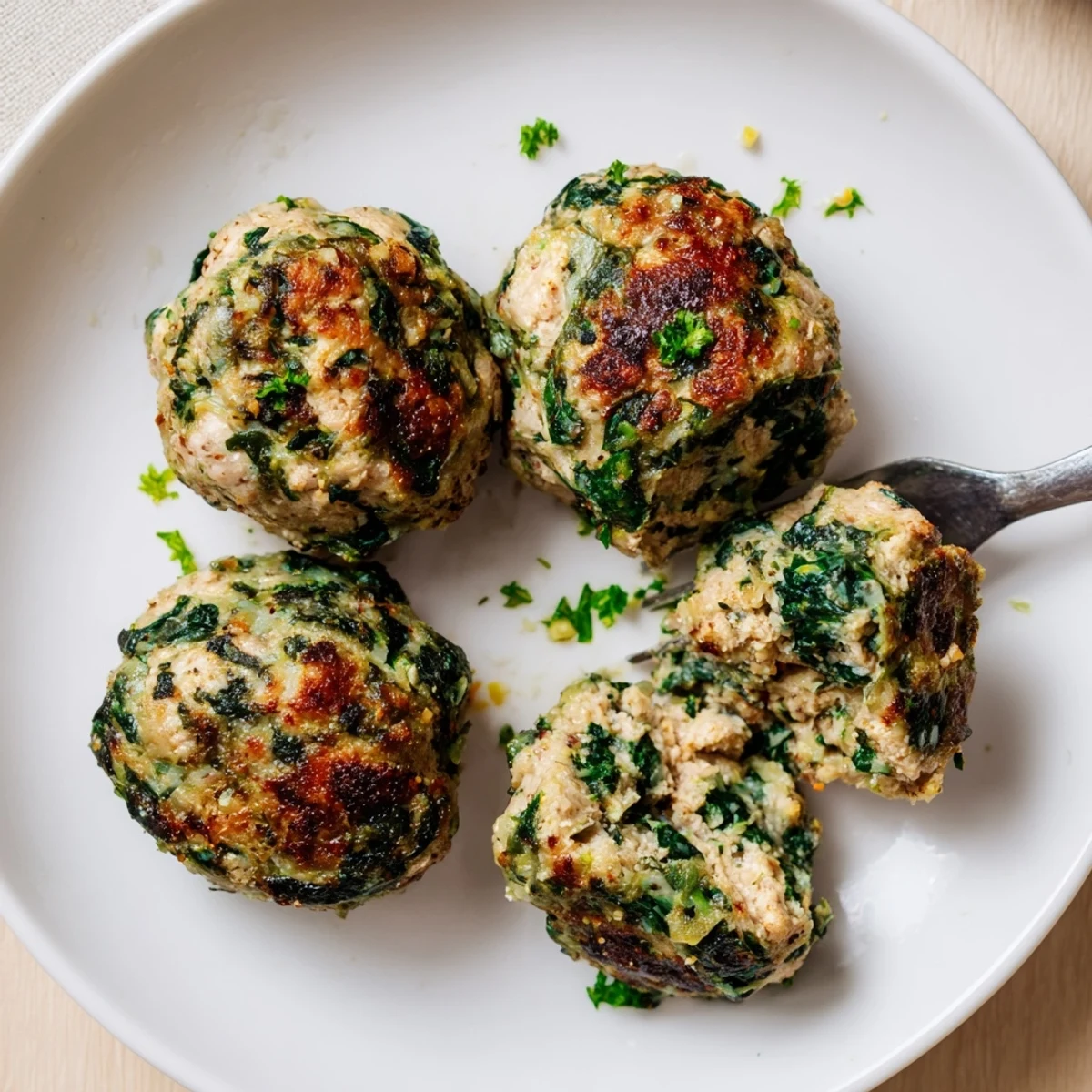 Low Carb Spinach Chicken Meatballs glistening golden, served over cauliflower rice  