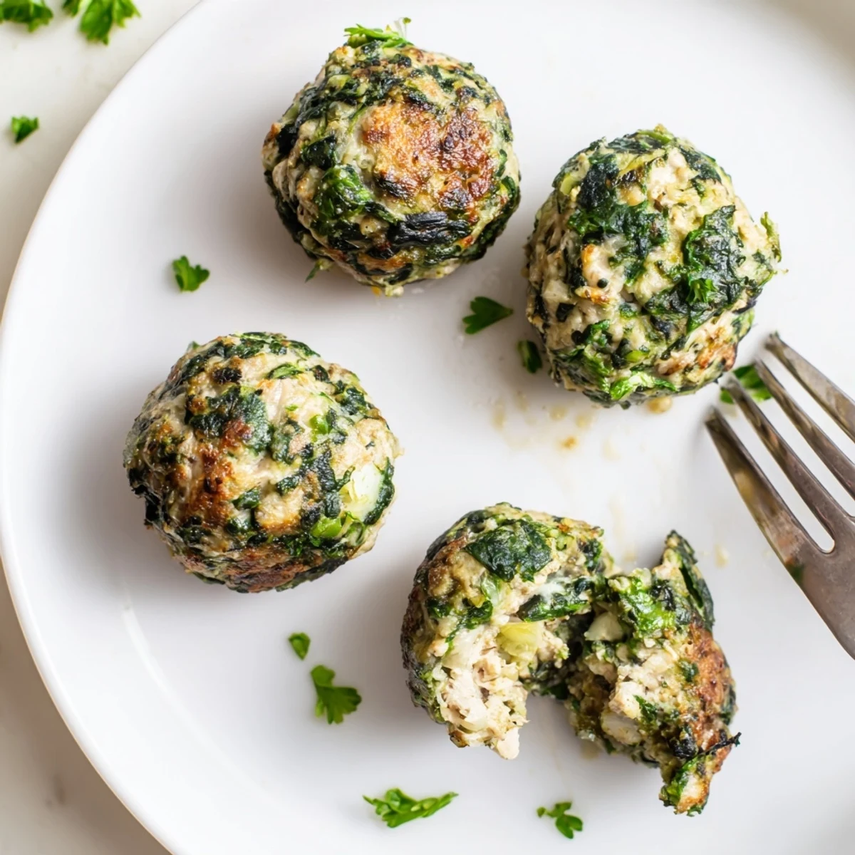 Baked Low Carb Spinach Chicken Meatballs with melted Parmesan and herb aroma  