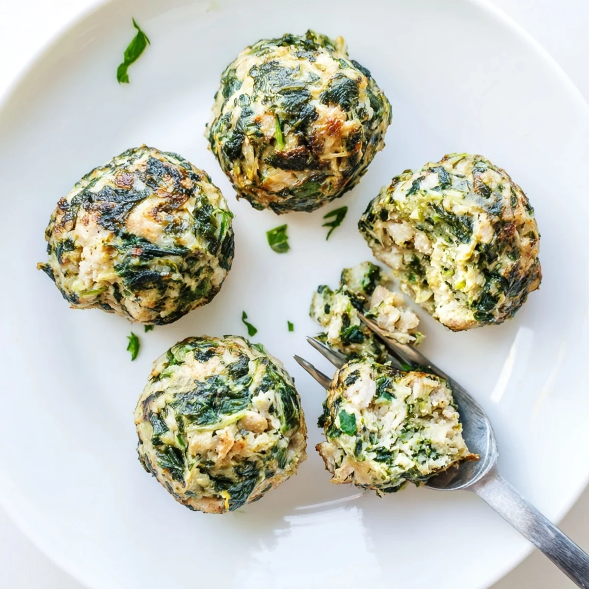 Plate of Low Carb Spinach Chicken Meatballs resting, juicy centers and crisp edges