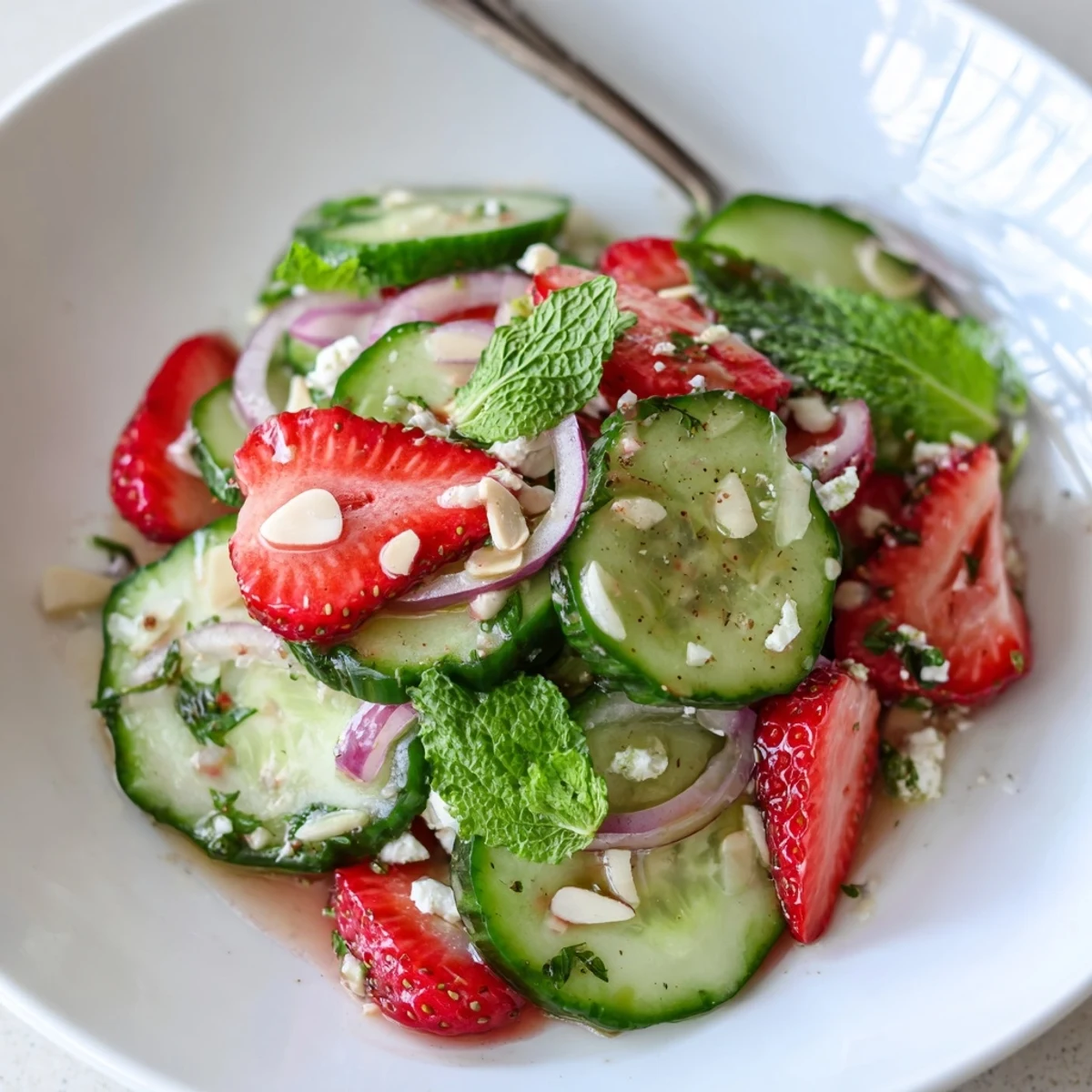 Cucumber Strawberry Salad Recipe with crisp cucumbers, juicy strawberries, mint and feta.  