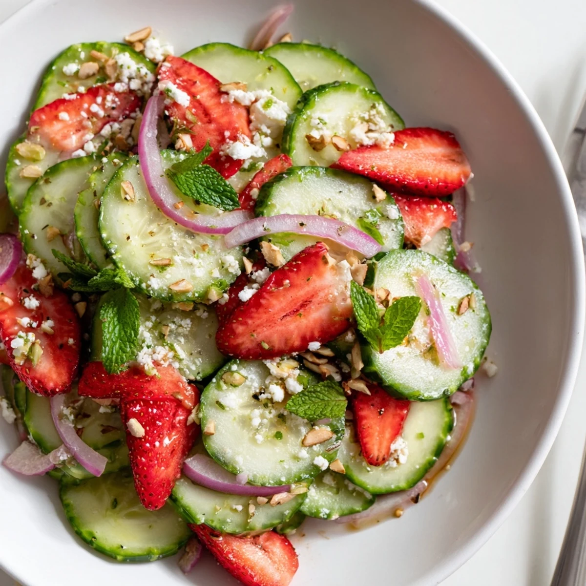 Bright Cucumber Strawberry Salad Recipe tossed in tangy balsamic dressing, served chilled.  