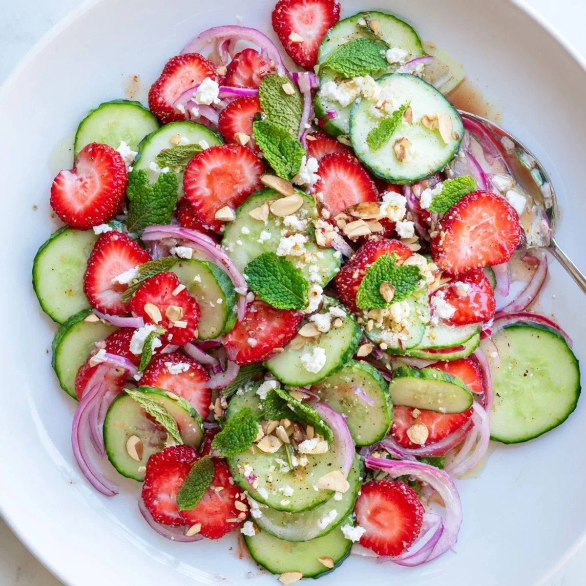 Fresh Cucumber Strawberry Salad Recipe piled in bowl, aromatic mint and crunch.