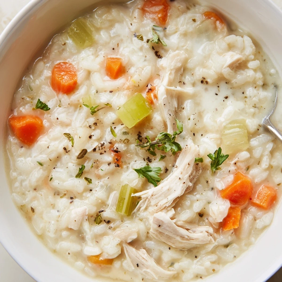 Creamy Chicken Rice Soup steaming in bowl, tender chicken and silky broth  