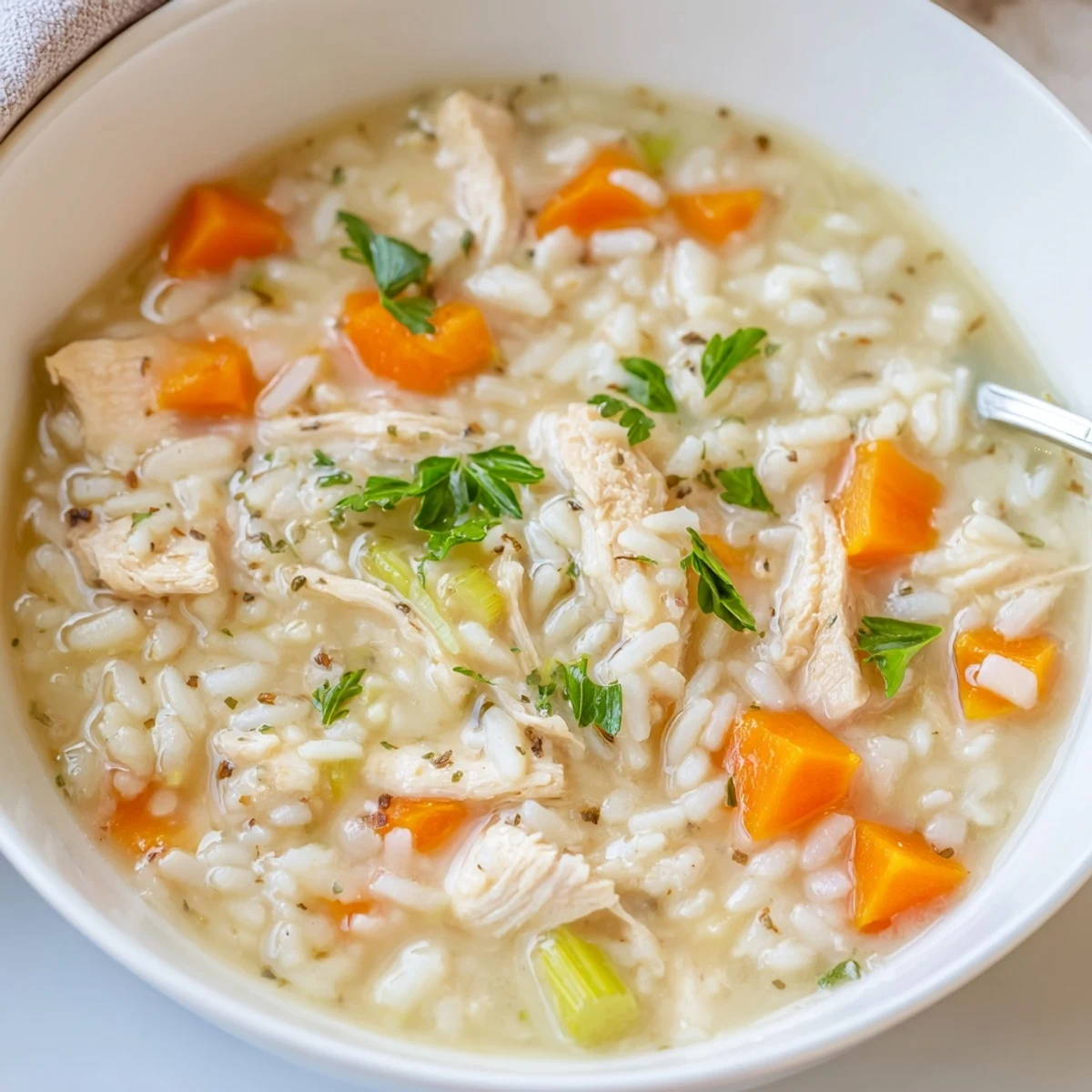 Warm bowl of Creamy Chicken Rice Soup garnished with parsley and bread  