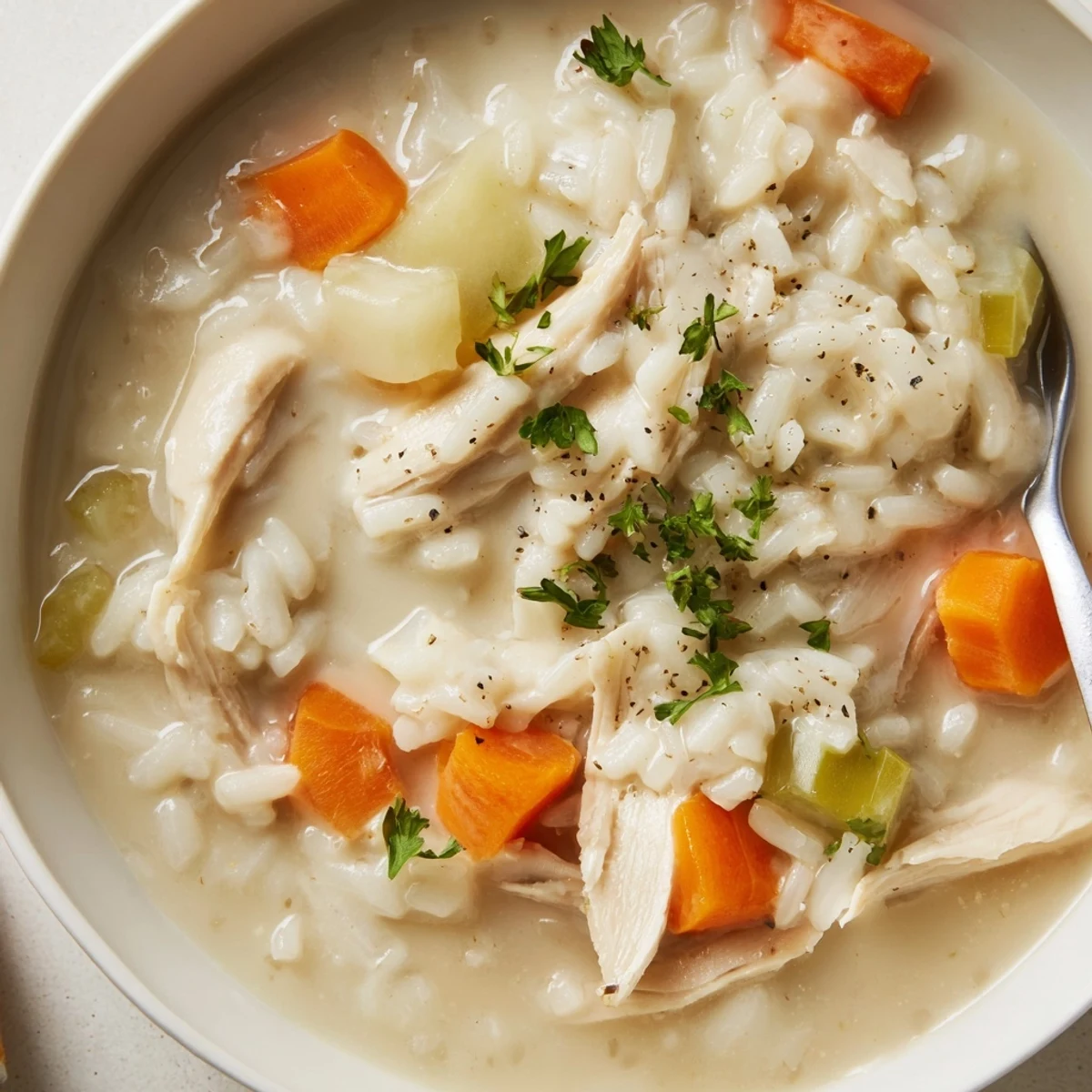 Rich Creamy Chicken Rice Soup simmering in pot, thickened roux, savory aroma