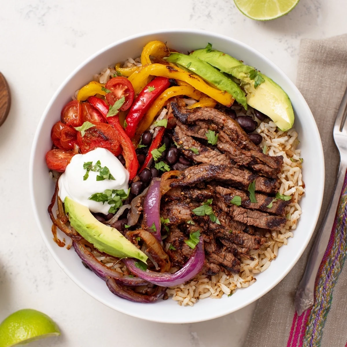 Colorful Steak Fajita Power Bowls: rice, black beans, warm spices, lime  