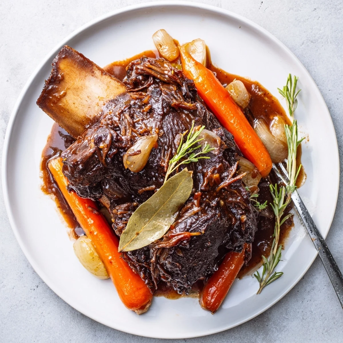 Slow Cooker Beef Short Ribs served hot with carrots, onions, and crusty bread