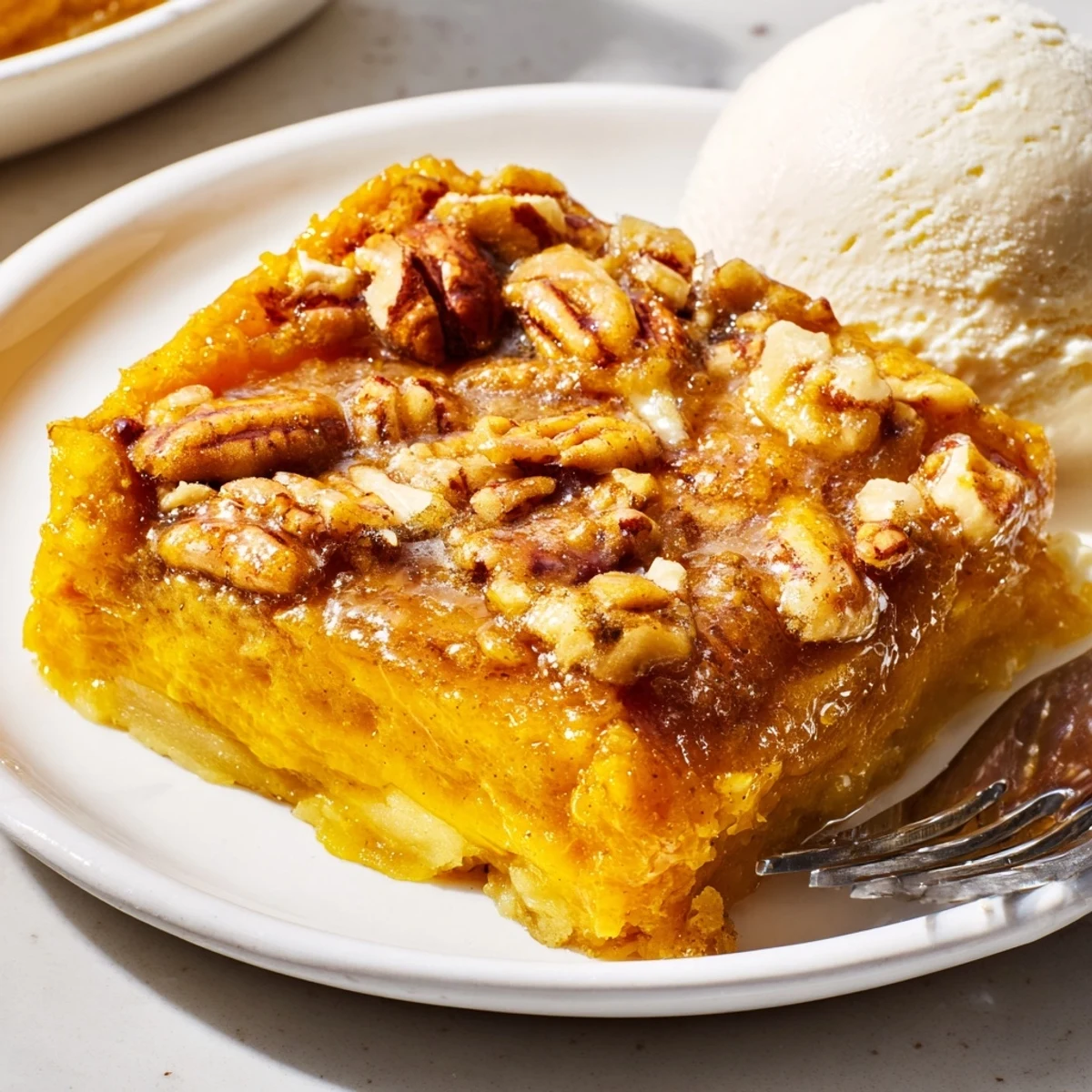Pumpkin Dump Cake cooling in a pan, golden pecan topping and steam