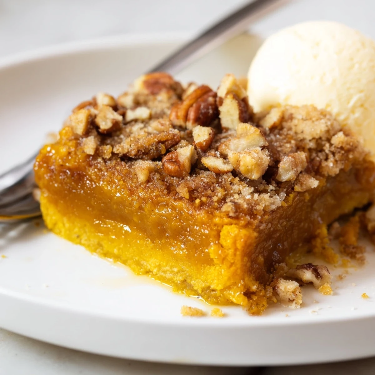 A spoon lifting gooey Pumpkin Dump Cake reveals spiced custard and crunchy topping