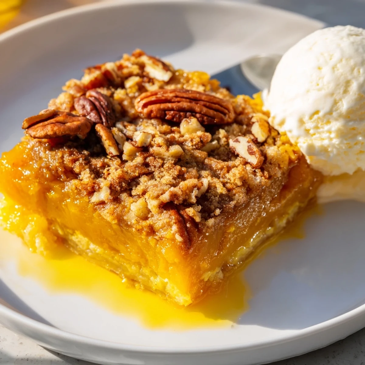 Warm Pumpkin Dump Cake slice on plate with melting vanilla ice cream