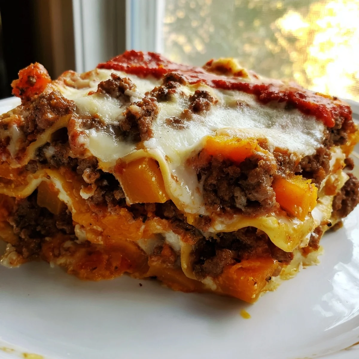 Golden brown butternut squash sausage lasagna with bubbling mozzarella and fresh basil garnish