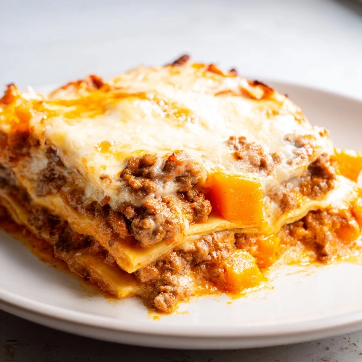 Sliced butternut squash sausage lasagna showing tender squash chunks and melted cheese layers