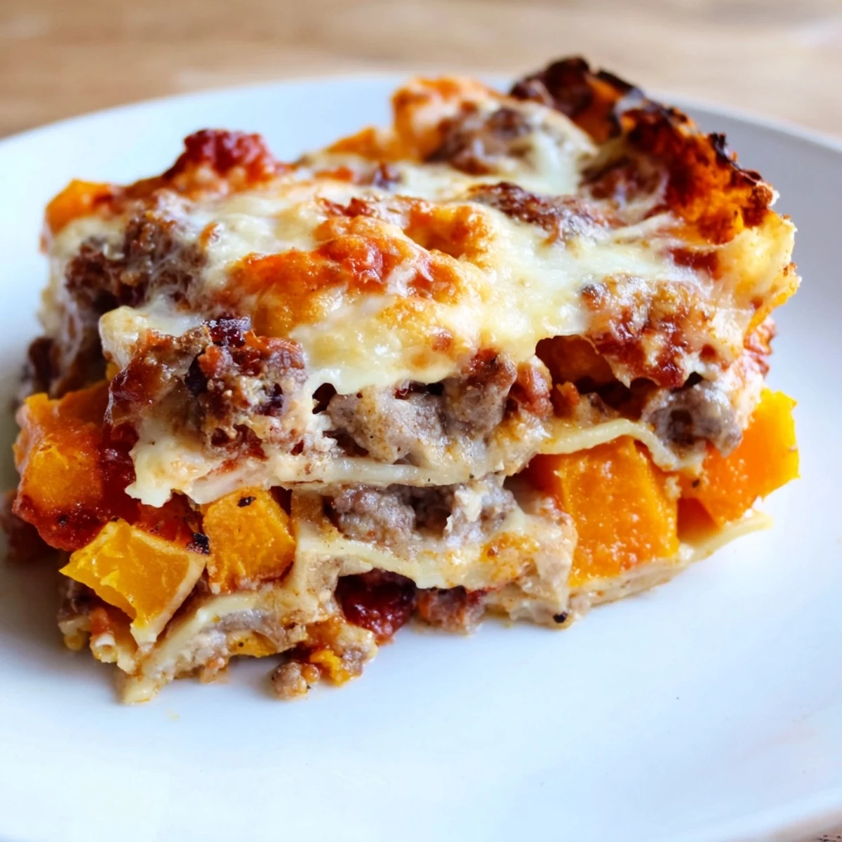 Hearty layered butternut squash sausage lasagna displaying roasted squash, Italian sausage, and creamy ricotta