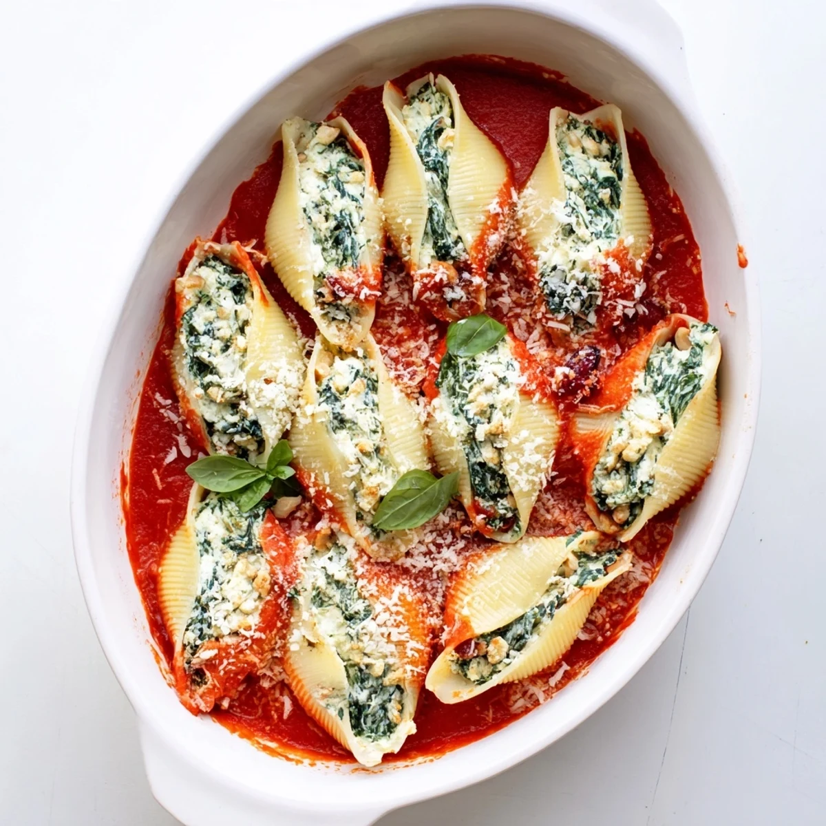 Festive Christmas stuffed pasta baking in bubbling red tomato sauce with melted Parmesan cheese