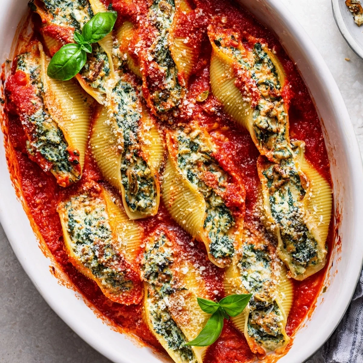 Golden jumbo pasta shells filled with creamy ricotta spinach mixture and topped with rich marinara sauce