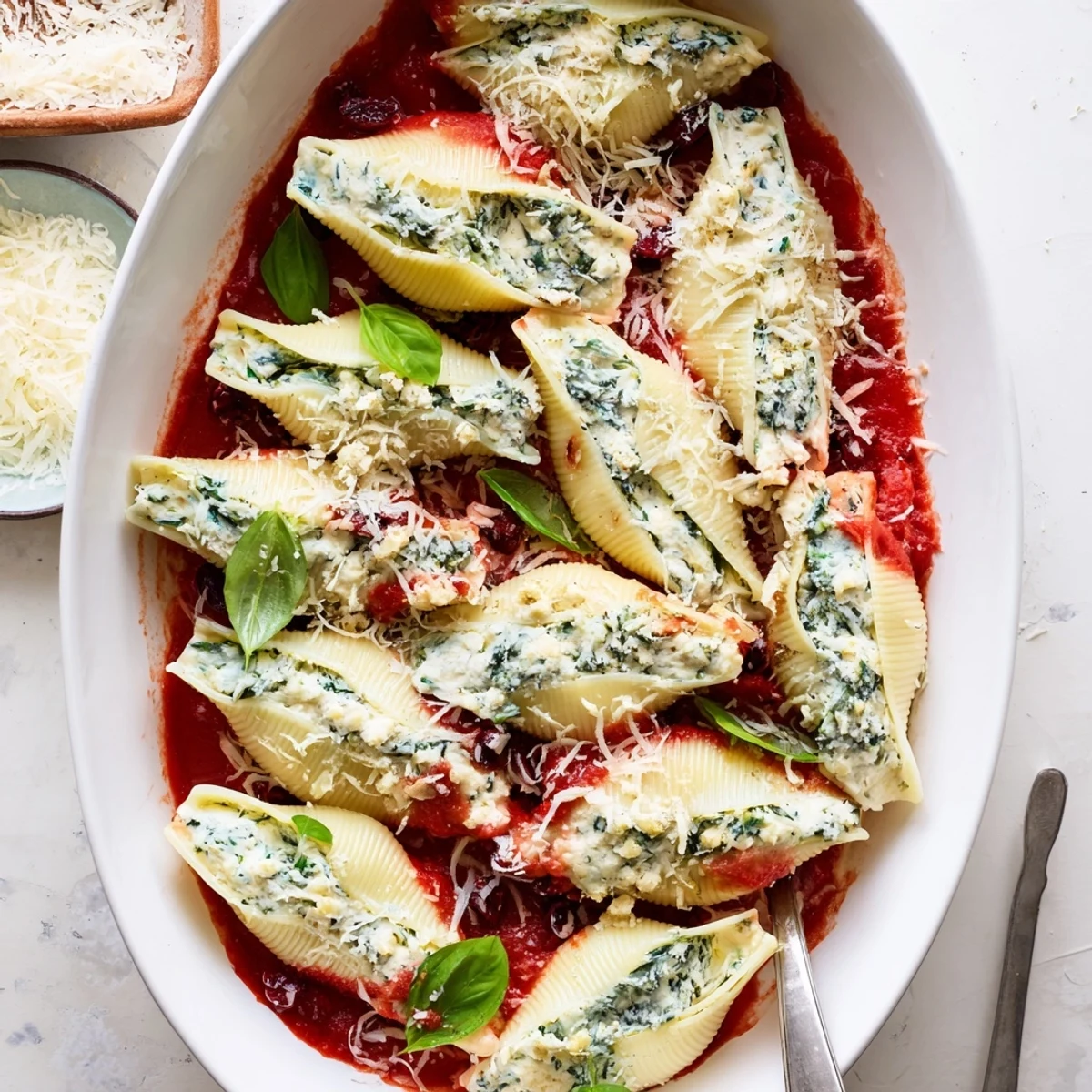 Holiday pasta dish featuring cranberry studded ricotta filling in large shells garnished with fresh basil