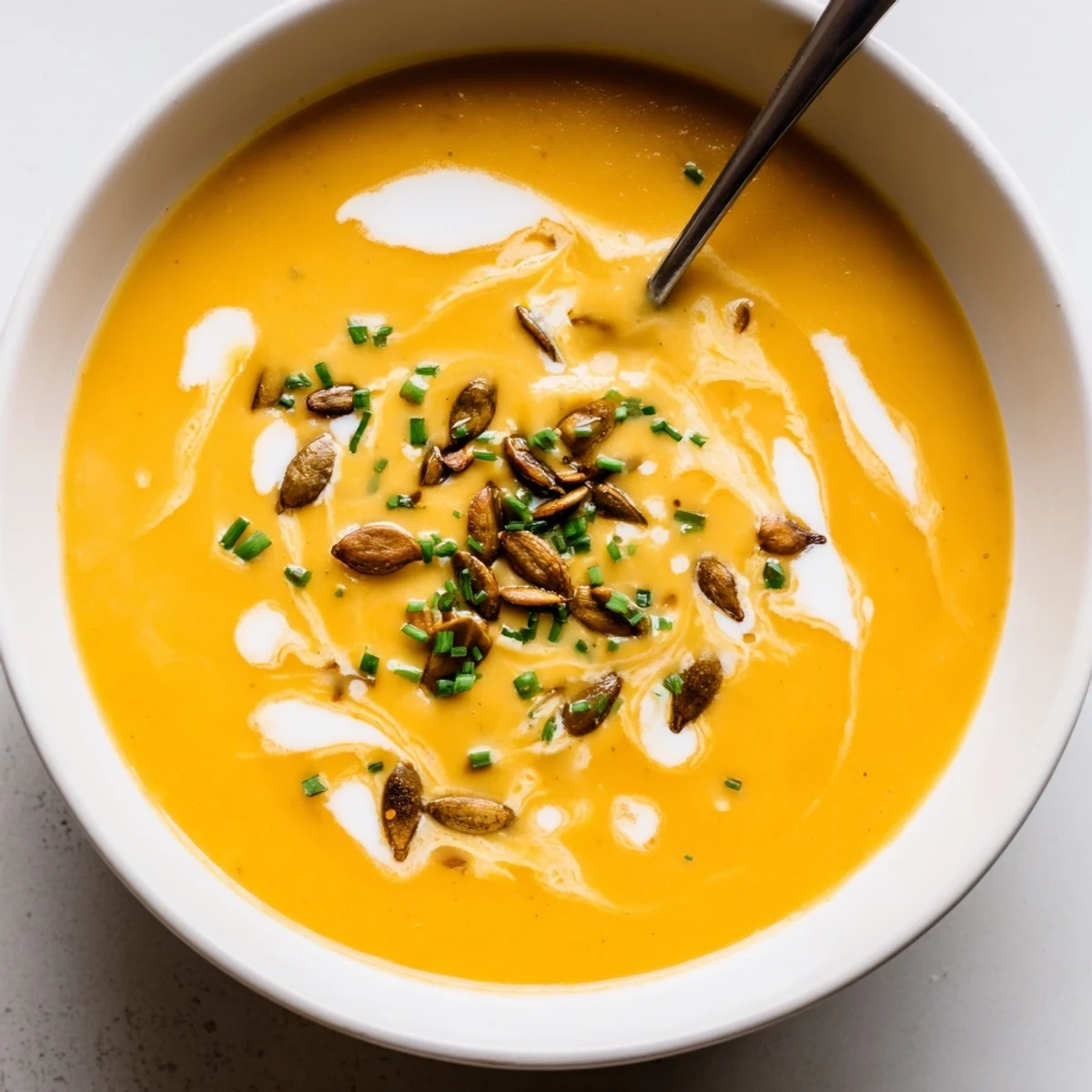 Creamy butternut squash soup in white bowl topped with toasted pumpkin seeds and fresh chives