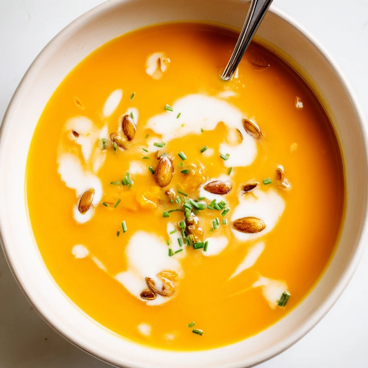 Velvety orange butternut squash soup served with crusty bread on rustic wooden table