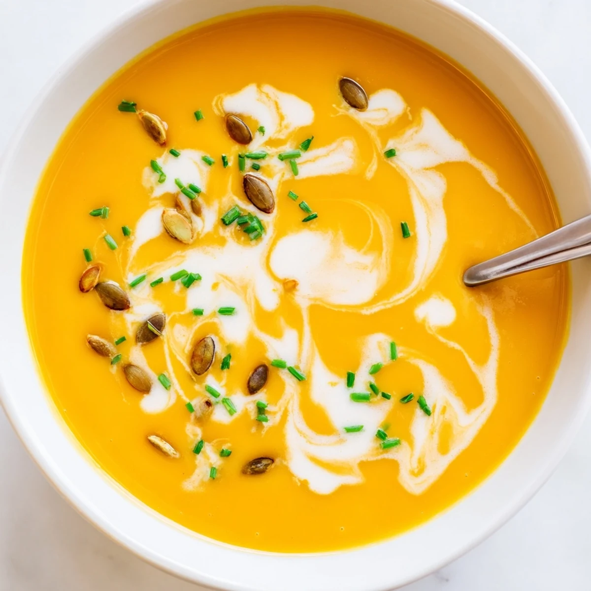 Golden bowl of roasted butternut squash soup garnished with herb sprinkle and cream swirl