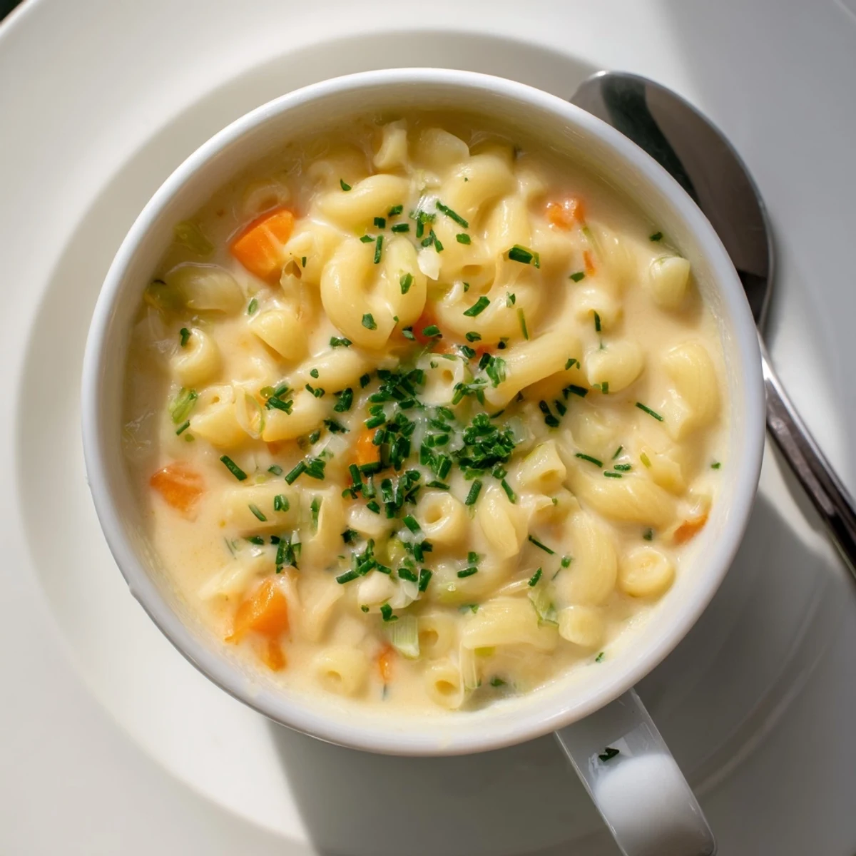 Steaming bowl of homemade mac and cheese soup topped with fresh green onions