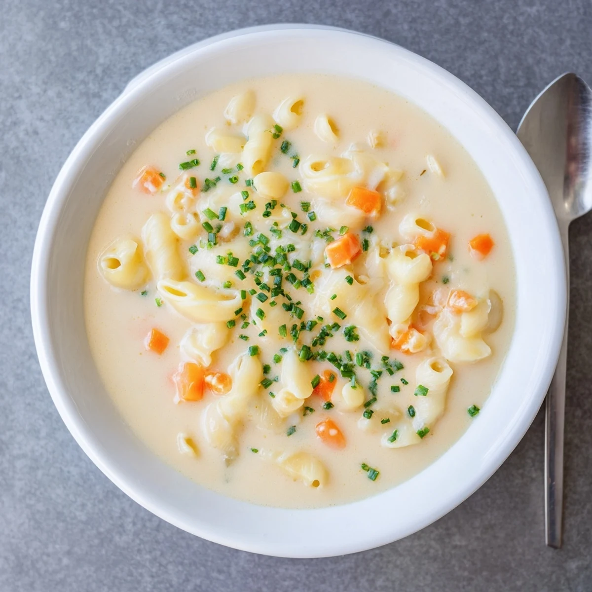 Rich and creamy mac and cheese soup loaded with elbow pasta in a golden cheese broth