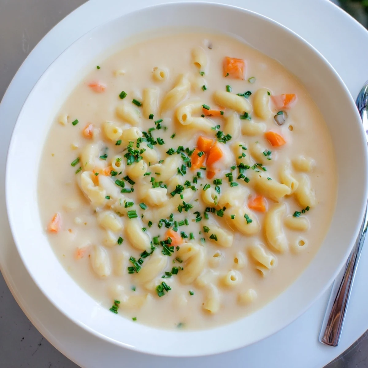 Spoon lifting tender macaroni from a velvety mac and cheese soup with melted cheddar