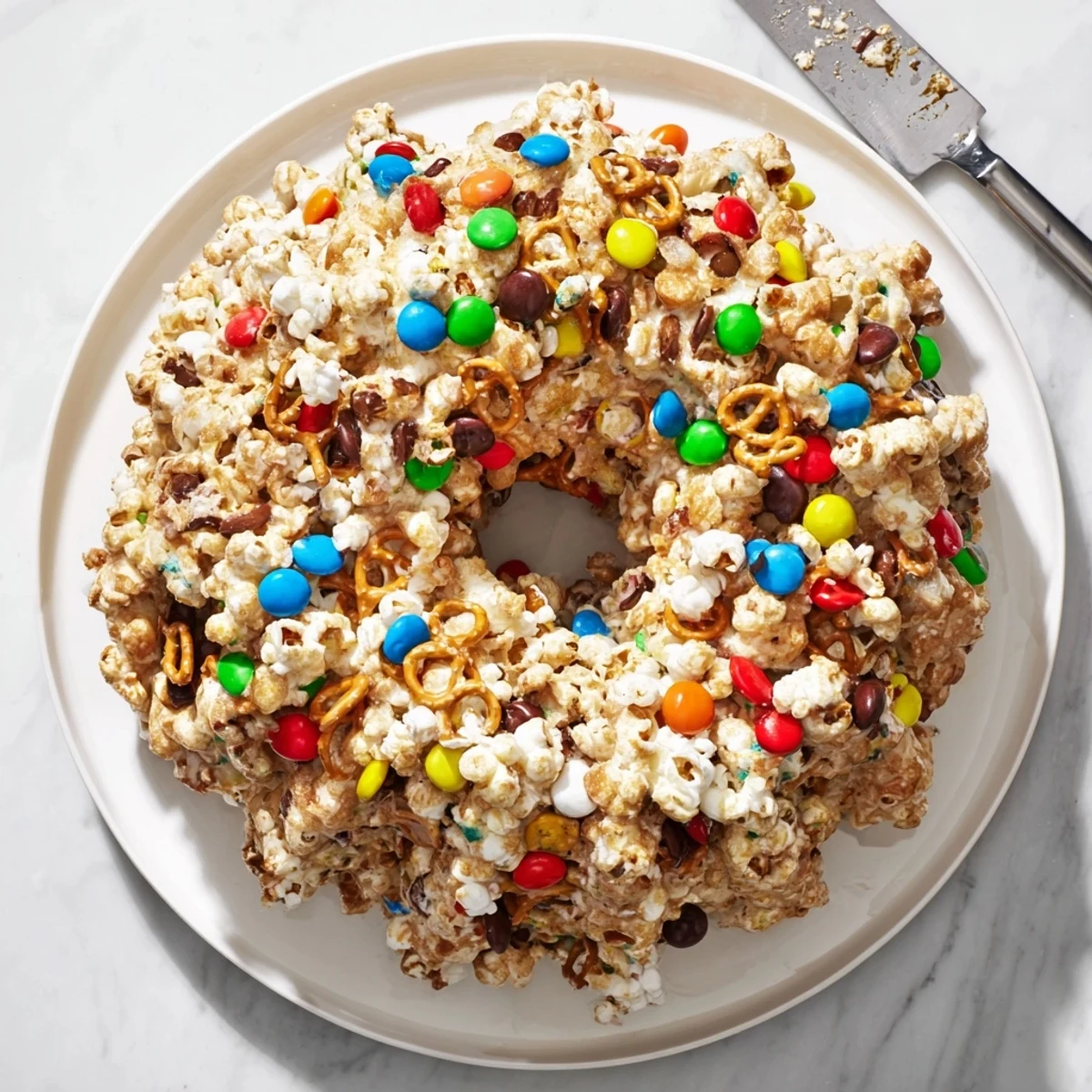 Colorful popcorn cake with marshmallow coating and candies in a Bundt pan slice