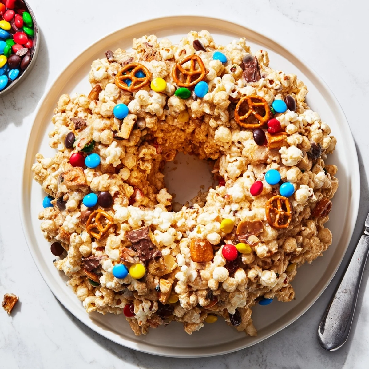 Sliceable dessert showcasing popcorn cake topped with colorful candies and salty pretzels