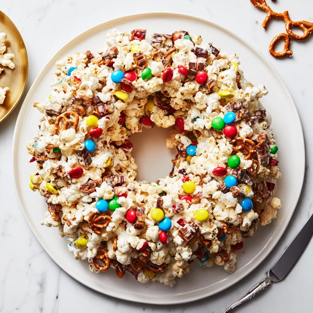 Fluffy popcorn cake featuring gooey marshmallow, pretzels, and chocolate candies for parties
