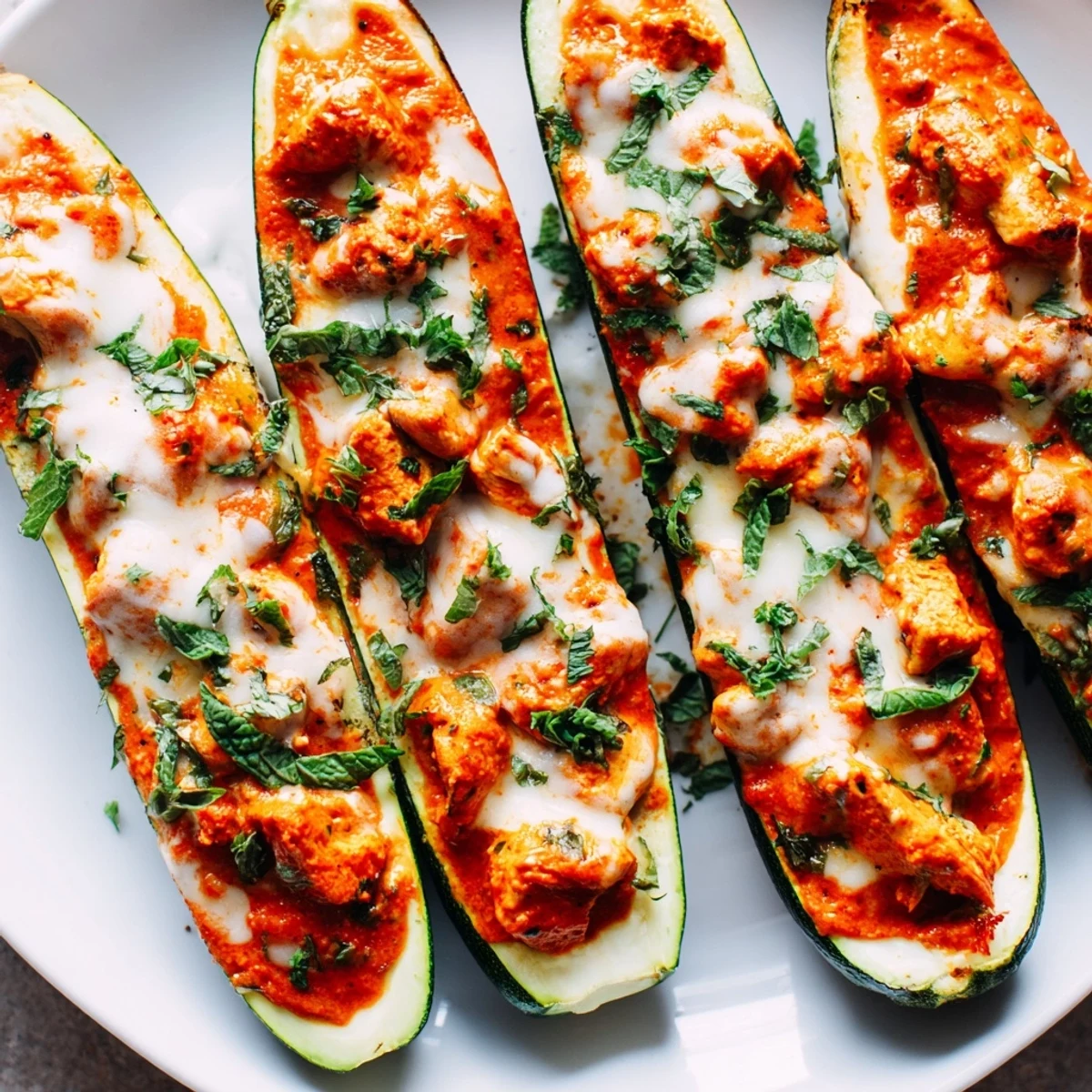 Golden baked zucchini boats overflowing with creamy butter chicken topped with fresh cilantro and mint