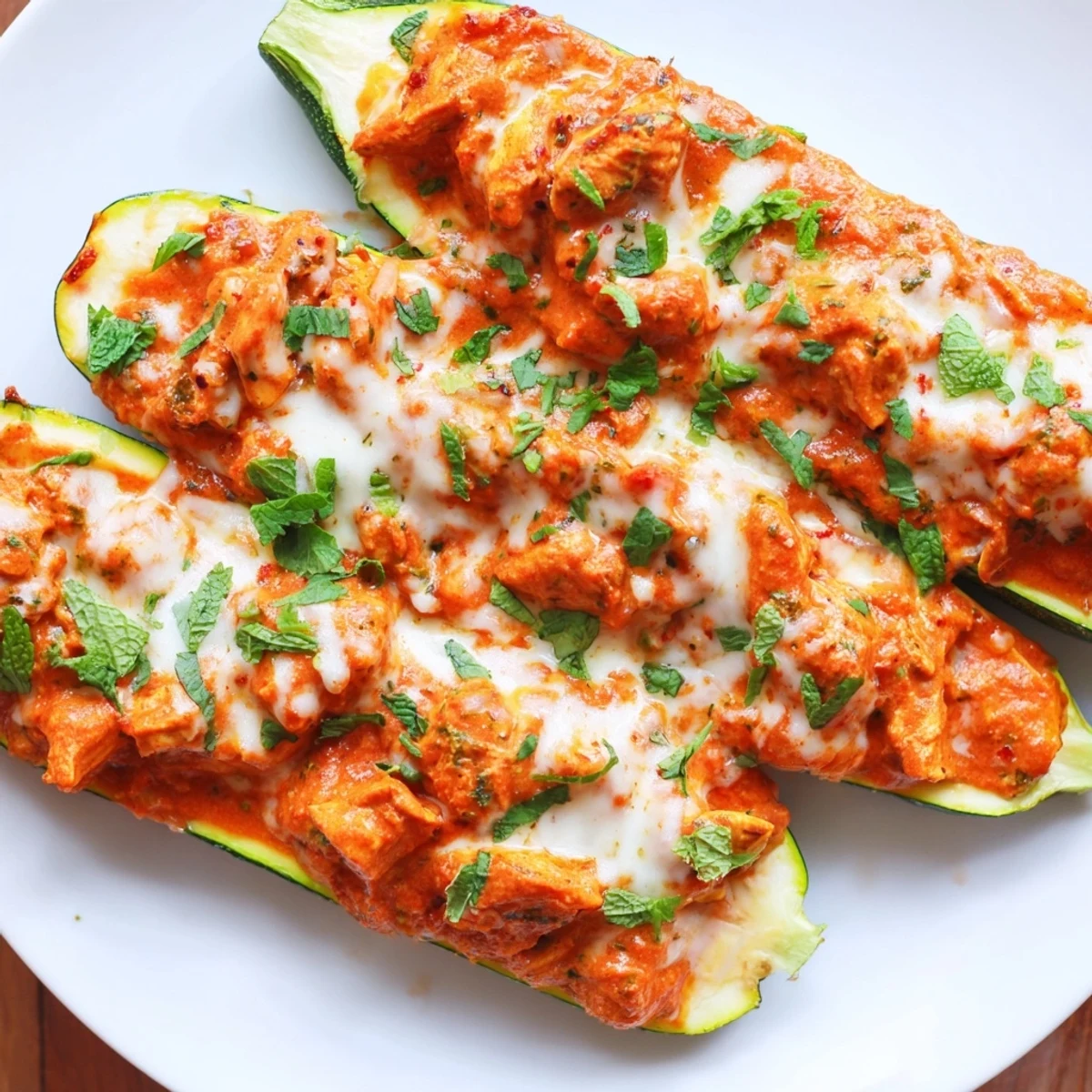 Tender roasted zucchini halves stuffed generously with spiced butter chicken filling and melted mozzarella