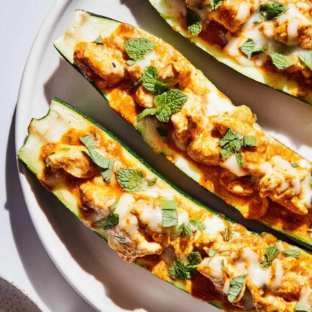 Close-up of Indian fusion zucchini boats featuring aromatic butter chicken garnished with vibrant green herbs