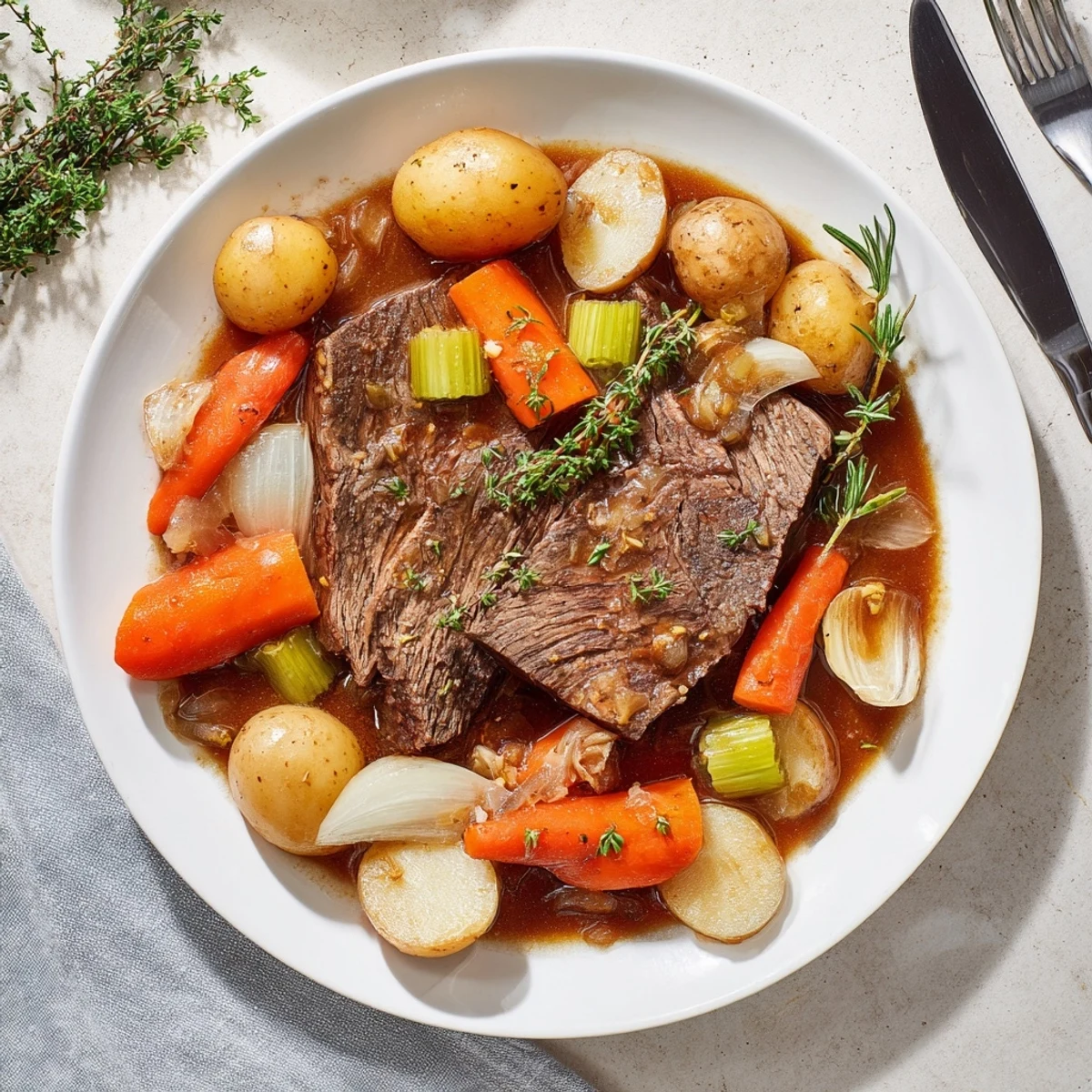 Herb braised beef chuck roast with tender shredded meat served over creamy mashed potatoes