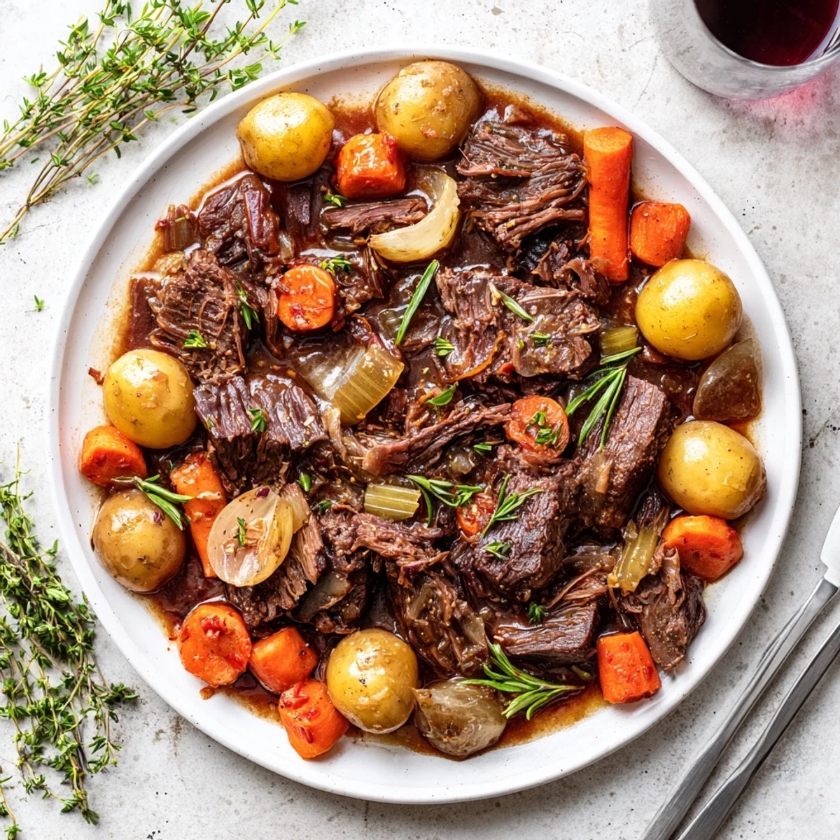 Slow-cooked herb braised beef chuck roast plated with roasted vegetables and dark savory sauce