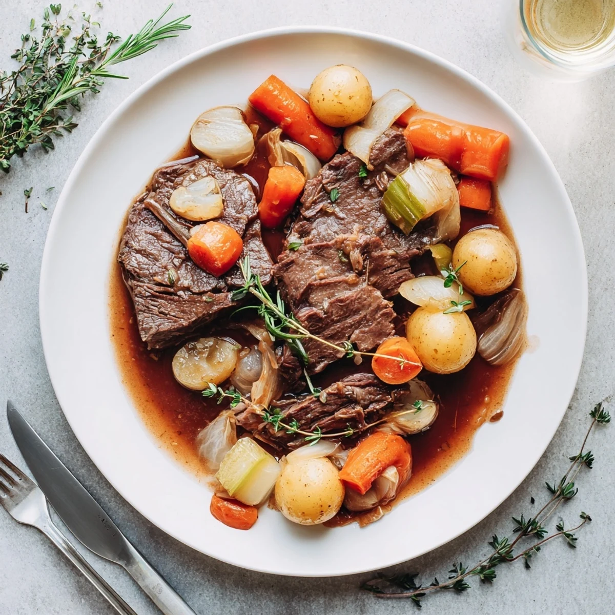 Golden herb braised beef chuck roast surrounded by carrots and potatoes in rich gravy