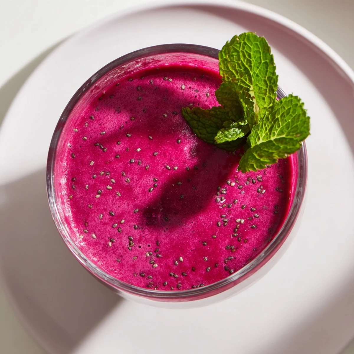 Glossy glass of vibrant pink beet smoothie topped with fresh mint leaves on wooden table