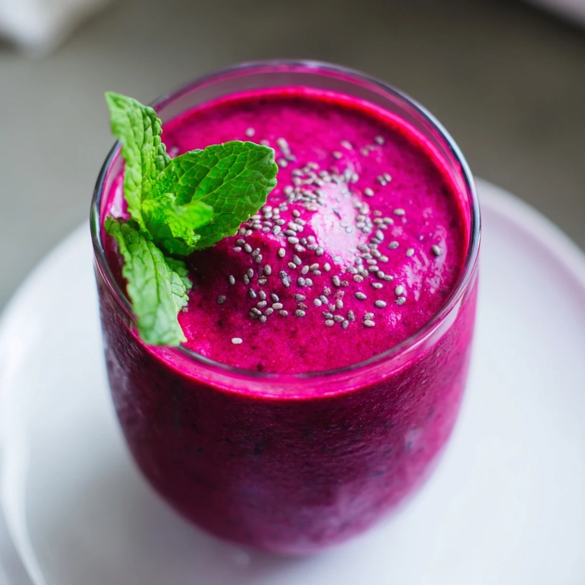 Blender filled with bright purple beet smoothie mixture surrounded by chopped fresh beets and frozen fruit