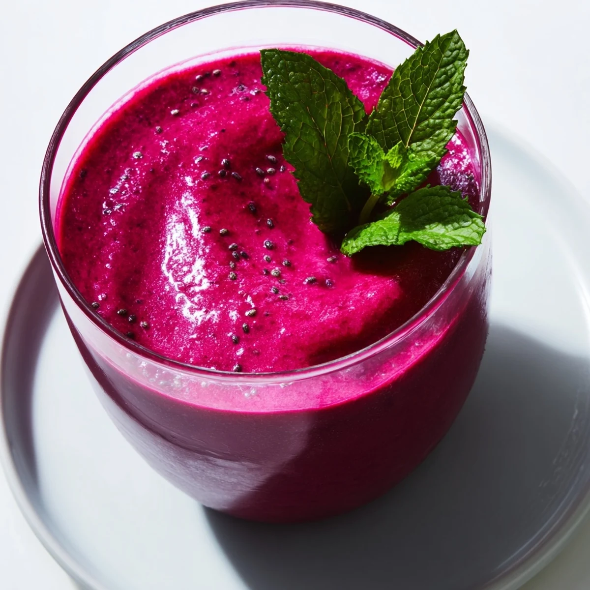Thick creamy beet smoothie poured into two mason jars with strawberries and banana slices nearby