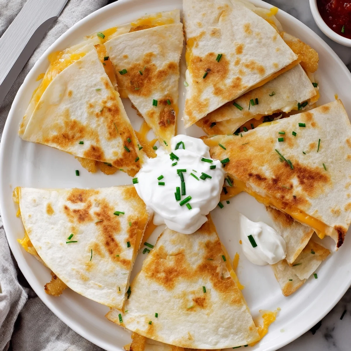 Golden quesadilla filled with crispy onion ring chips and melted cheddar mozzarella cheese